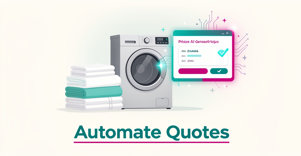 Flat illustration of folded commercial laundry with a digital AI quote interface in teal and magenta, headline reading Automate Quotes.