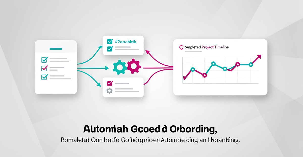 Flat illustration of an AI-powered onboarding workflow with connected checklist cards and task nodes in teal and magenta accents.