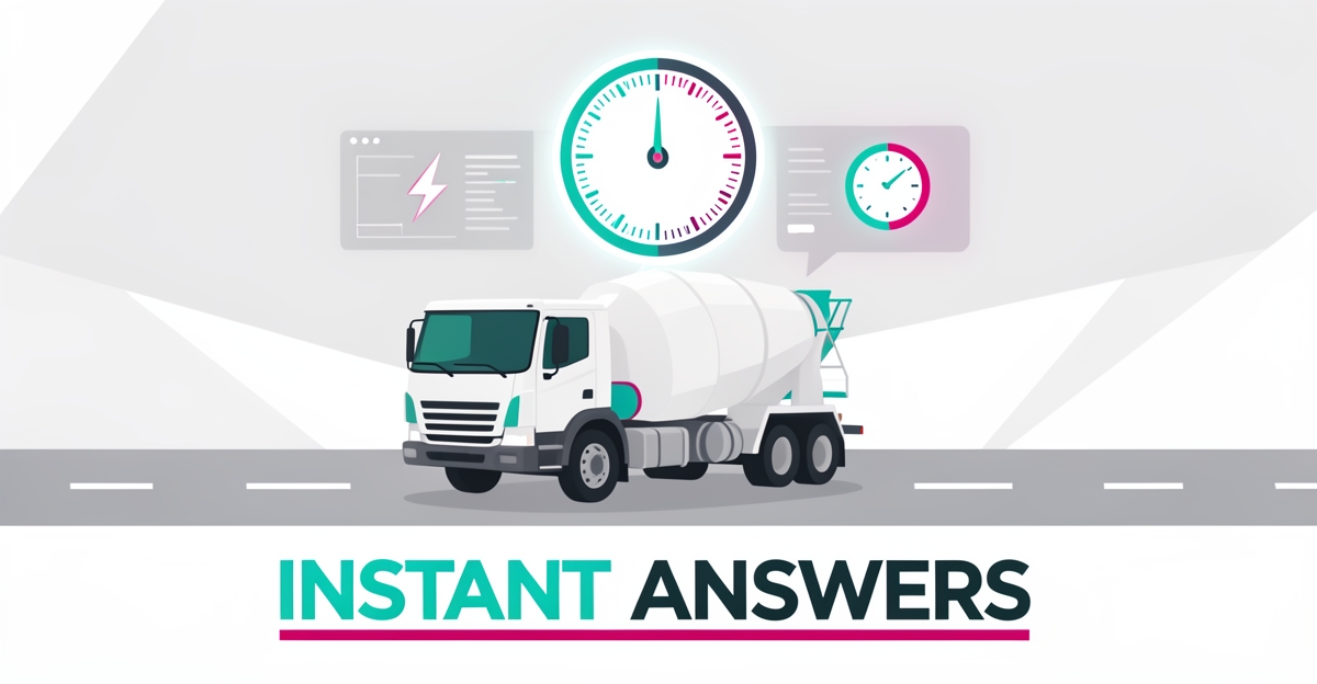 Flat illustration of a concrete delivery truck with a clock icon symbolizing instant delivery-time answers, accented in teal and magenta.