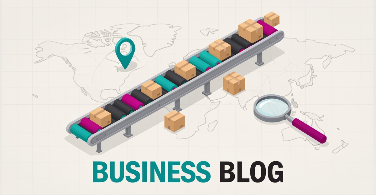 Flat illustration of a conveyor system with map pin and magnifying glass highlighting local industrial SEO for manufacturers.