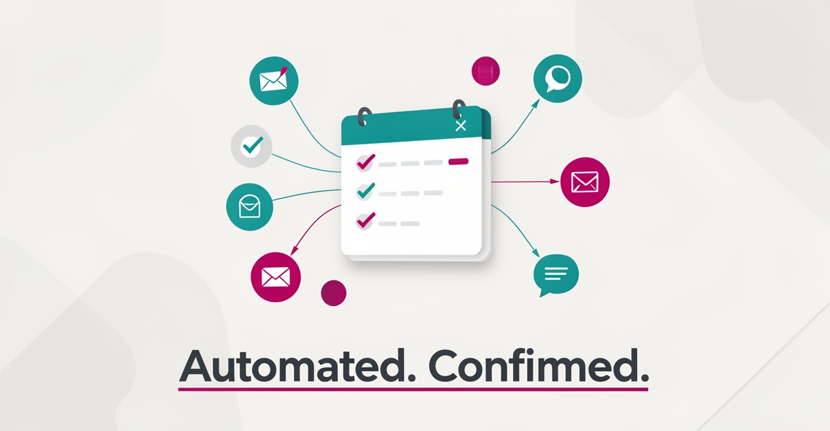 Flat illustration of a digital calendar with automated checkmarks connecting to email and SMS confirmation icons in teal and magenta, headlined Automated. Confirmed.