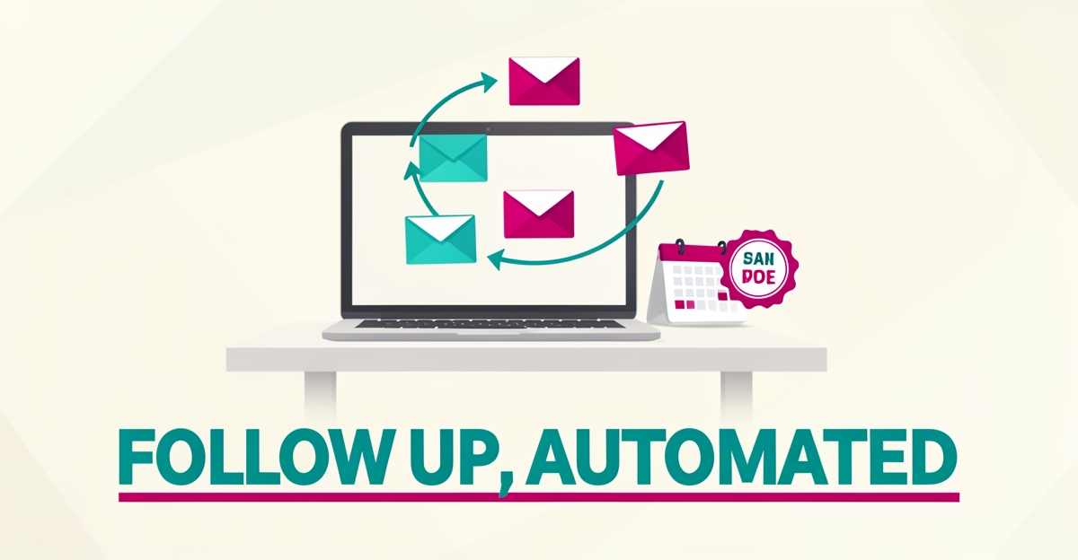 Flat illustration of a laptop with automated email follow-up icons in teal and magenta, with headline reading Follow Up, Automated.