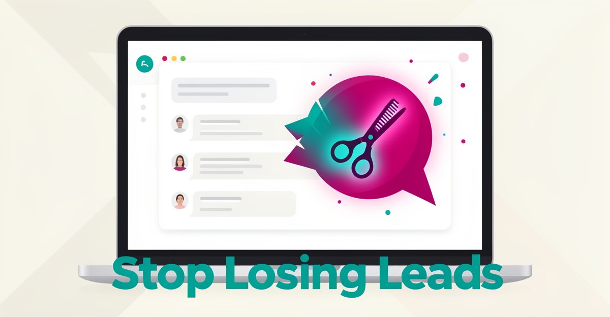 Flat illustration of a chatbot interface with a glowing beauty-themed speech bubble and headline reading Stop Losing Leads.