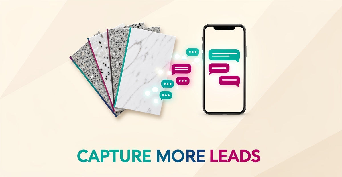 Flat illustration of countertop samples beside a smartphone with chat bubbles, symbolizing AI chat capturing installer leads.