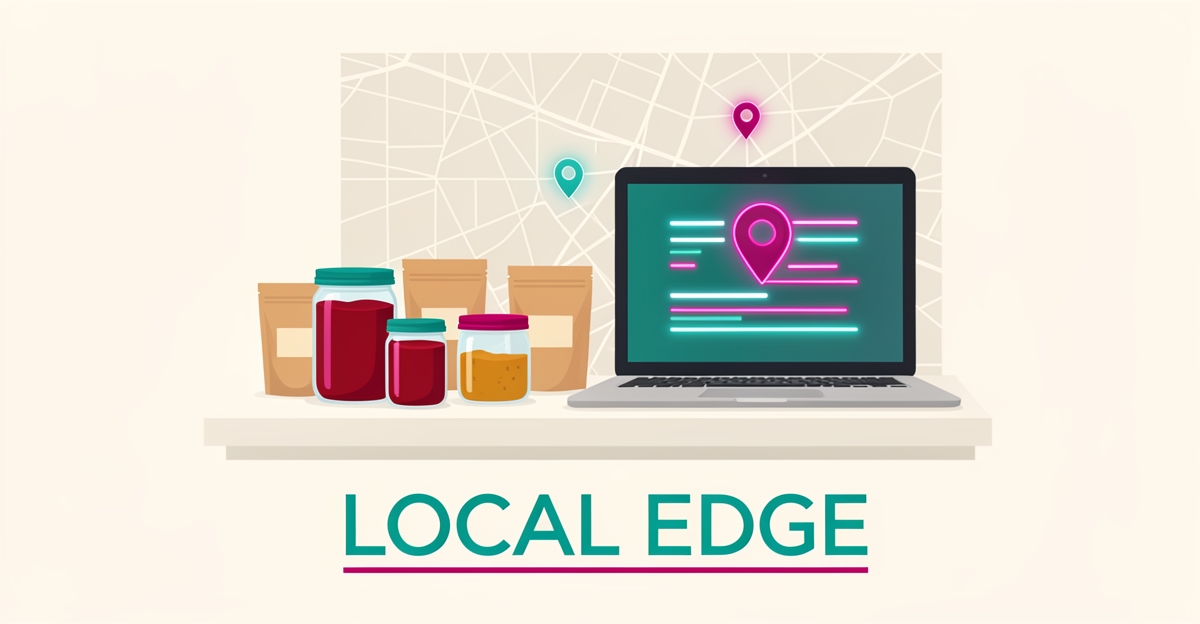 Flat illustration of artisanal food jars beside a laptop with a glowing map pin, symbolizing AI-driven local search visibility for craft food co-packers.