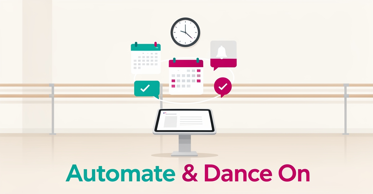 Flat illustration of a dance studio with floating calendar and reminder icons orbiting a tablet, symbolizing automated scheduling for dance schools.