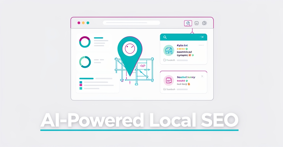A minimalist flat illustration of a digital dashboard blending construction blueprints with SEO data and map pins, accented in brand blue and magenta, featuring the headline 'AI-Powered Local SEO' in the lower third.
