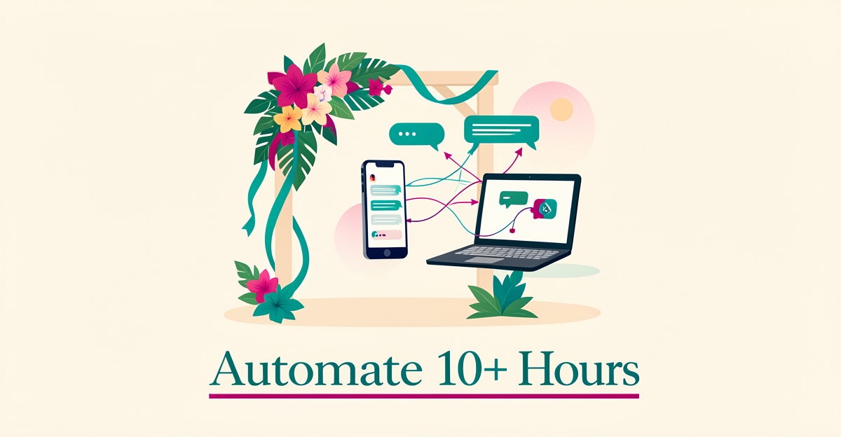 Flat illustration of a destination wedding beach arch connected to laptop and phone automation icons in teal and magenta with headline Automate 10+ Hours.