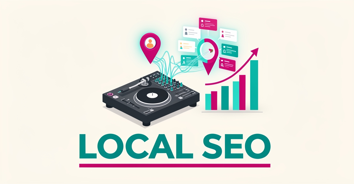 Flat illustration of a DJ turntable beside a map pin and search ranking chart in teal and magenta, representing automated local event content for SEO.