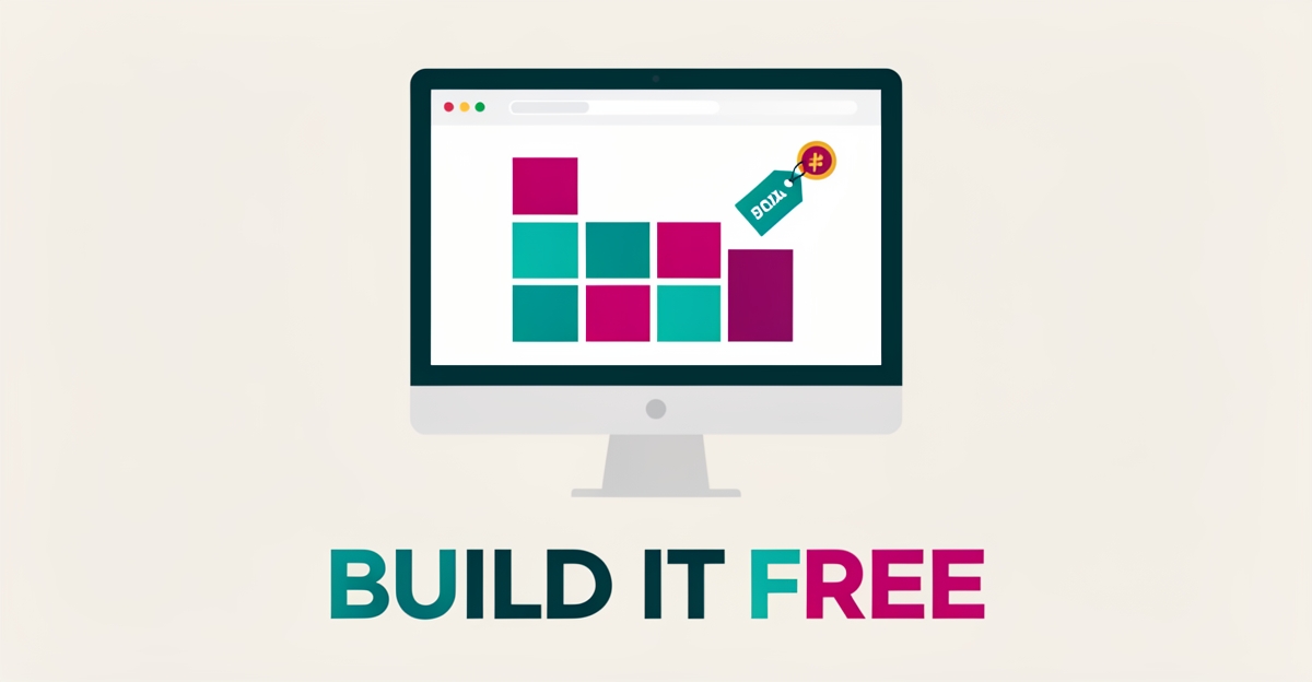 Flat illustration of a website being assembled on a monitor with cost icons, headline reading Build It Free.
