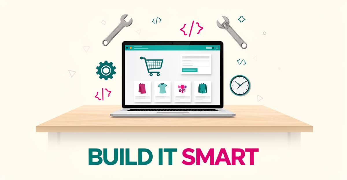 Flat illustration of a laptop showing an online store surrounded by DIY tools, gears and a clock in teal and magenta accents.