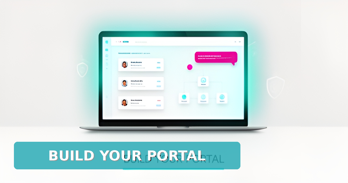 Flat illustration of a laptop showing a client portal dashboard with CRM cards, chatbot bubble, and automation icons in teal and magenta accents.