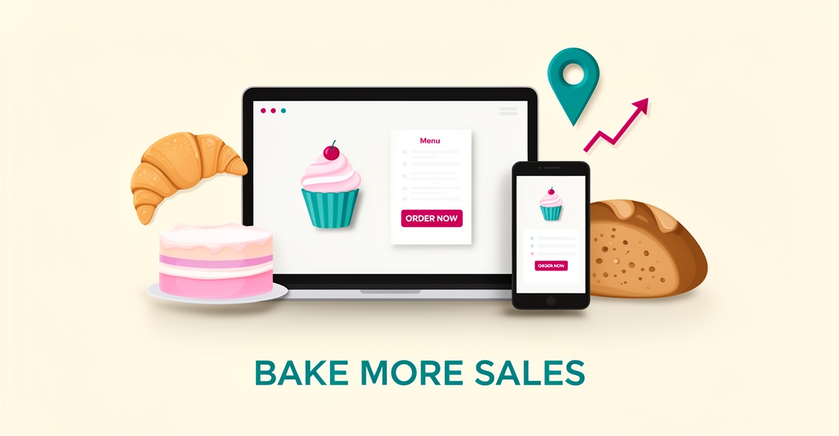 Flat illustration of a bakery website on laptop and phone with cake, menu, order form, and local SEO pin in teal and magenta accents.