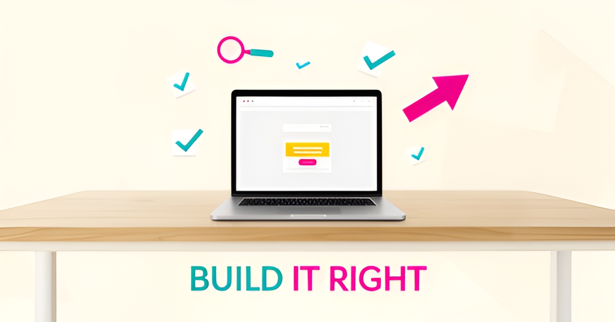 Flat illustration of a laptop showing a website wireframe with call-to-action and SEO elements in teal and magenta accents.