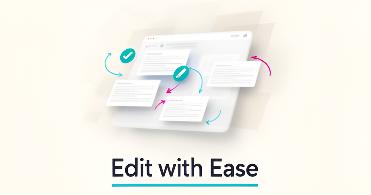Flat illustration of a website page with editable content blocks, approval badge, and pencil icon in teal and magenta accents.