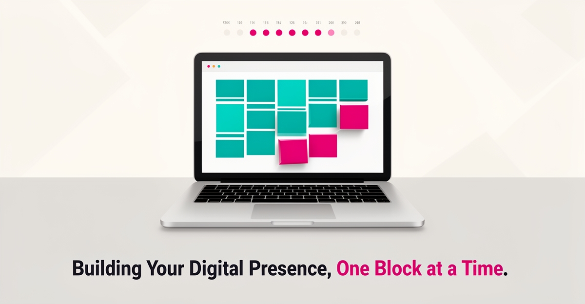 Flat illustration of a laptop assembling a website from modular blocks with a seven-day launch progress arc in teal and magenta accents.