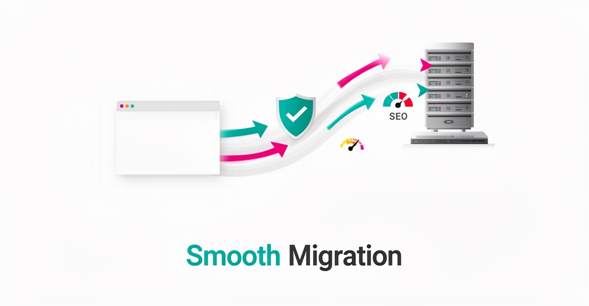 Flat illustration of a website moving along a migration path with redirect arrows, security shield, and SEO gauge in teal and magenta accents.