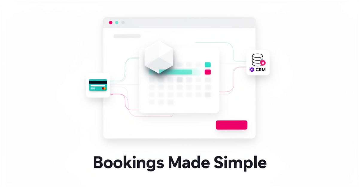 Minimalist flat illustration of a website calendar connected to payment and CRM icons, showing an easy booking system setup.