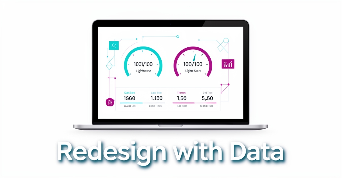 A minimalist flat illustration of a laptop showing website performance metrics with brand color accents, accompanied by the headline 'Redesign with Data' in the lower third.