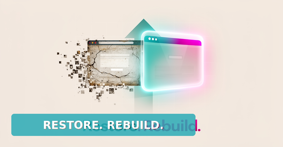 Flat illustration of an outdated website dissolving as a modern rebuilt site rises, with 'Restore. Rebuild.' headline.