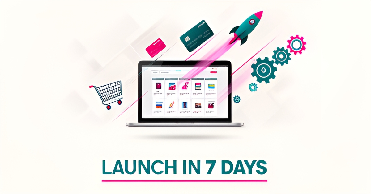 Flat illustration of a laptop e-commerce store with cart, payment, and rocket icons in teal and magenta, headlined Launch in 7 Days.