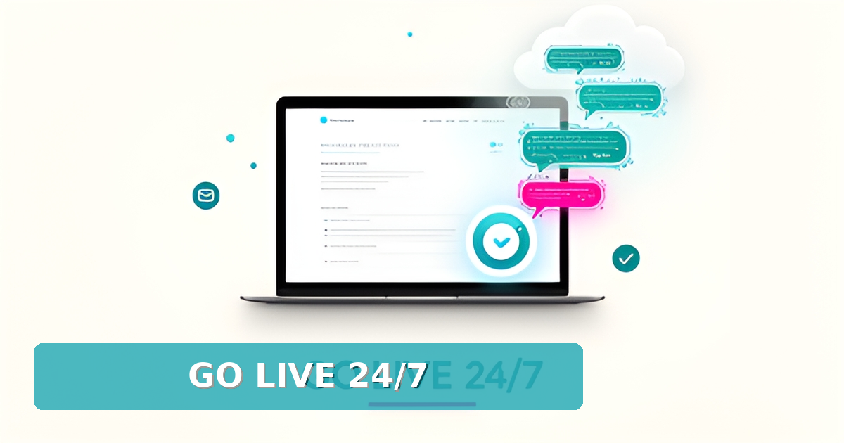Flat illustration of a laptop website with an AI chat widget bubble sending messages to a cloud, accented in teal and magenta, with headline GO LIVE 24/7.