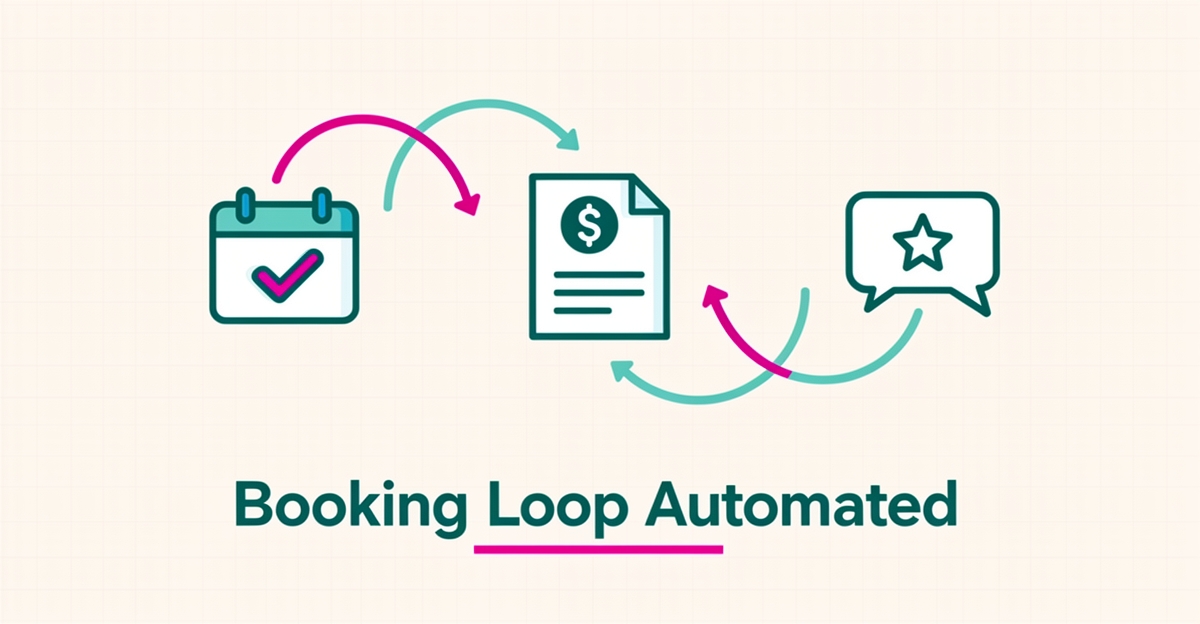 Flat illustration showing automated booking workflow from calendar to quote to review with teal and magenta accents.