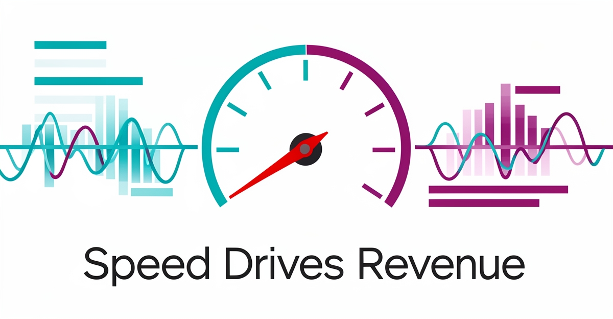 A minimalist flat illustration of a speedometer and digital waveforms symbolizing web performance optimization, with the headline 'Speed Drives Revenue' in the lower third using brand accent colors.