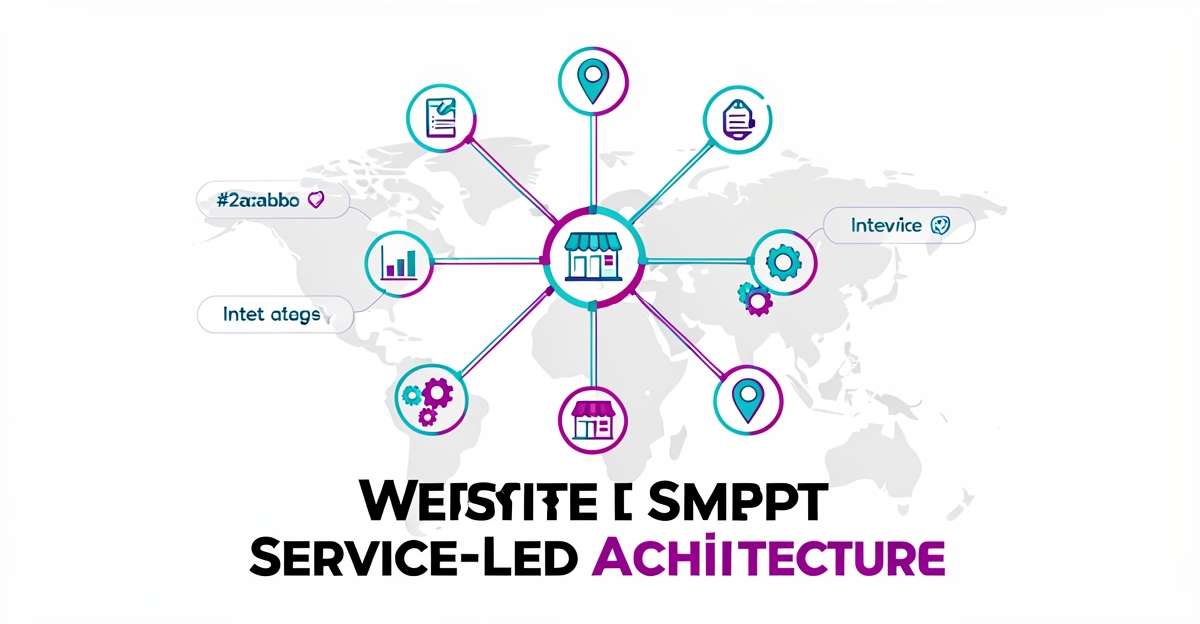 A minimalist flat illustration showing a service-led website architecture with interconnected nodes, location pins, and intent tags, using brand colors for visual hierarchy and clarity