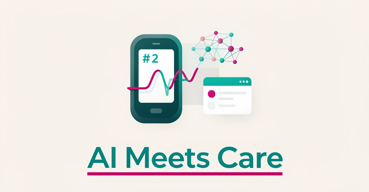 Flat illustration of a glucose monitor linked to AI-generated digital education cards in teal and magenta, symbolizing personalized diabetes care.