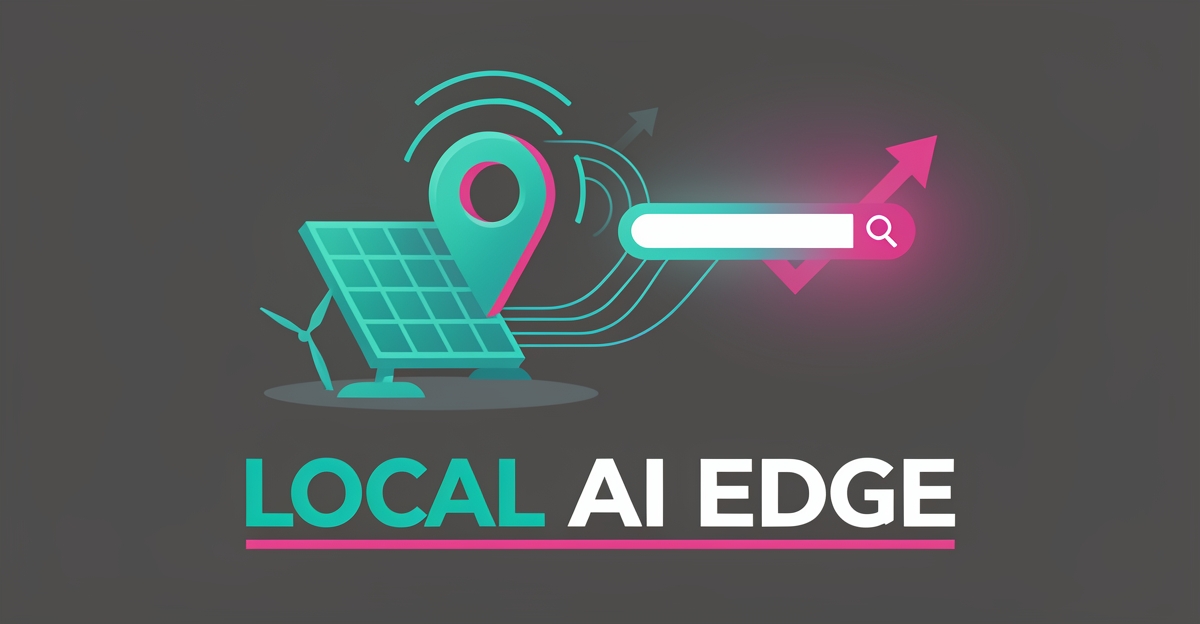 Flat illustration of solar panels, a wind turbine, and a glowing map pin linked by data lines to a search bar, symbolizing AI-driven local SEO for energy contractors.