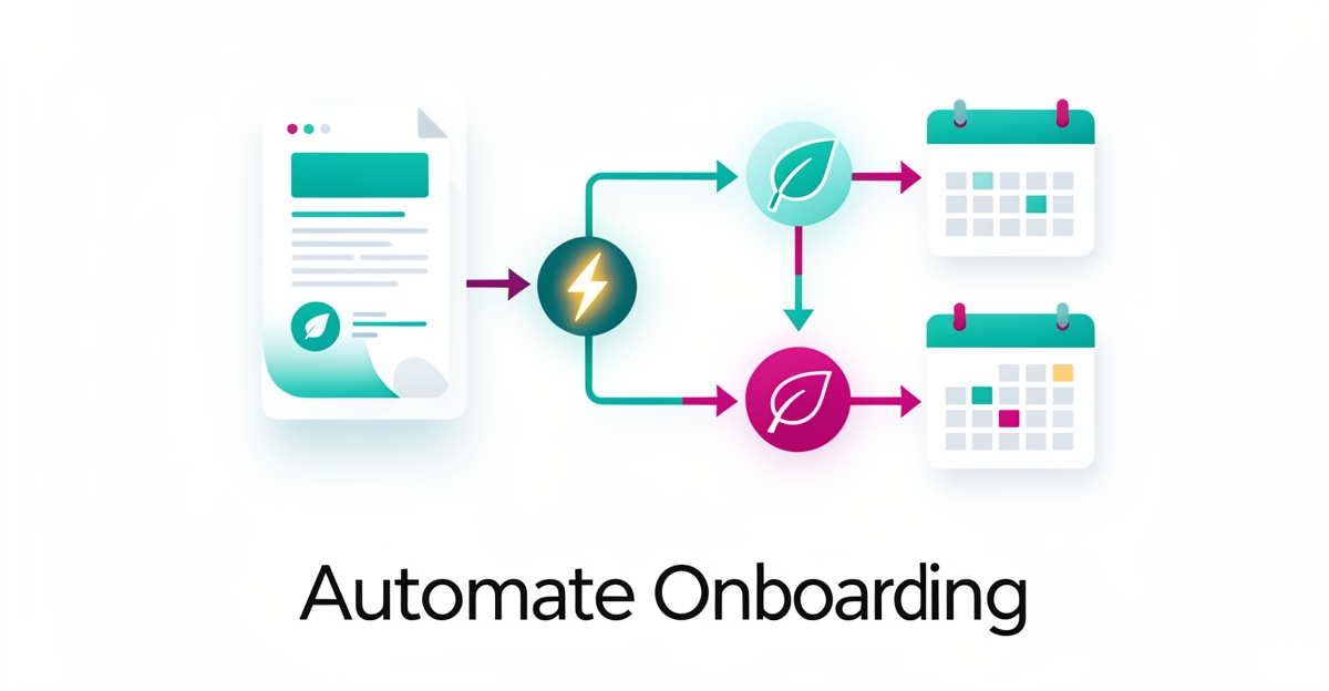 Flat illustration of automated AI workflow connecting an energy report to follow-up scheduling, accented in teal and magenta, with the headline Automate Onboarding.