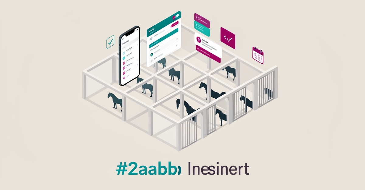 Flat illustration of horse stalls with digital booking dashboard showing AI reminders reducing equine stable no-shows.