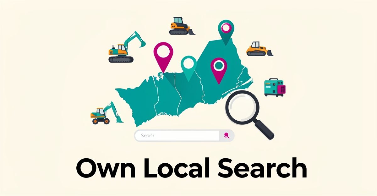 Flat illustration of a Nova Scotia map with location pins and equipment rental icons symbolizing local search visibility for equipment leasing companies.