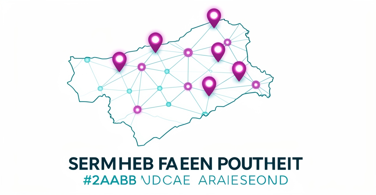 A minimalist flat illustration showing AI-powered service area pages with glowing map pins and neural network lines, representing local SEO success for erosion control contractors