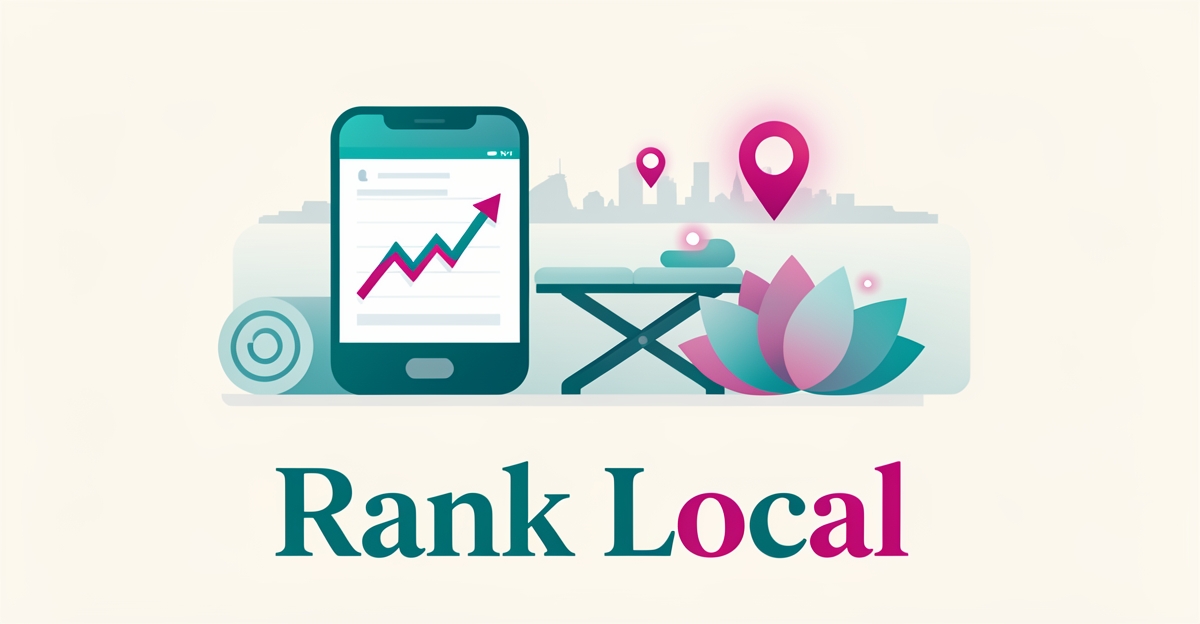 Flat illustration of a laptop with rising SEO analytics beside spa icons and Halifax skyline, accented in teal and magenta with the headline Rank Local.