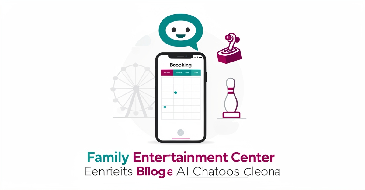 Flat illustration of an AI chatbot on a smartphone with entertainment venue icons, illustrating 24/7 automated guest support.