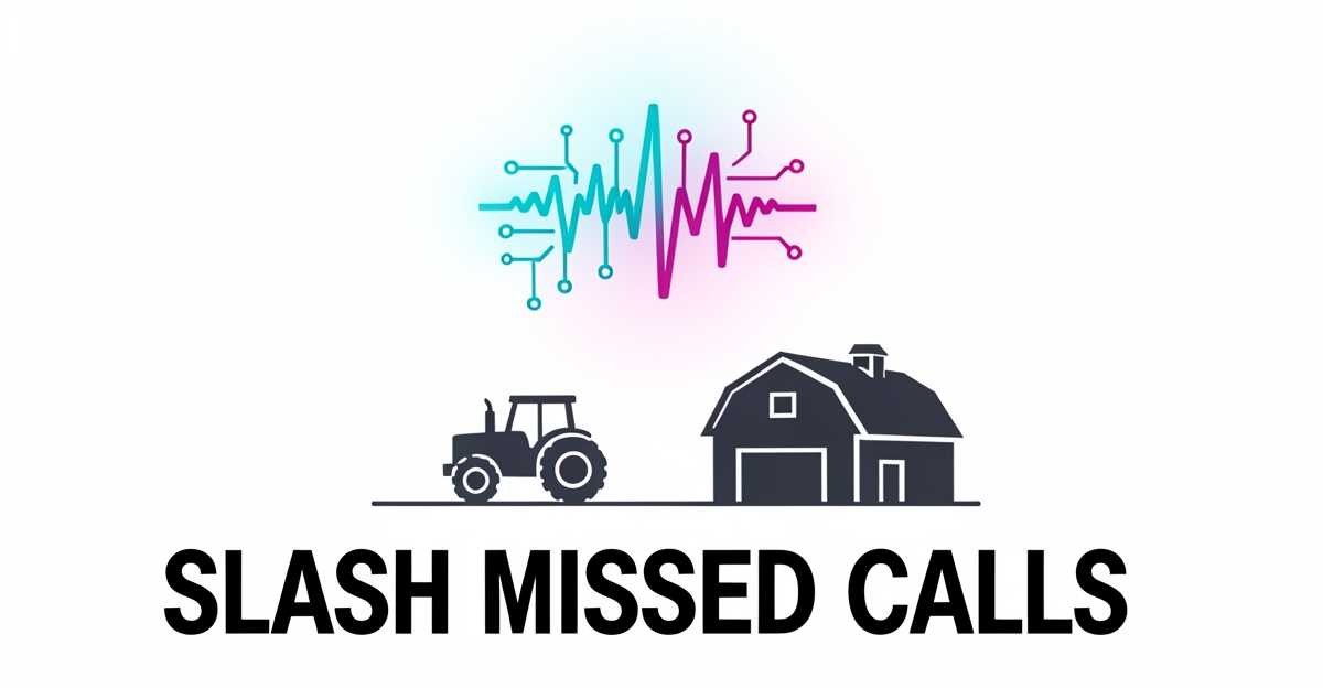 A minimalist flat illustration showing an AI phone system above a farm dealership with a tractor and barn, using brand colors to highlight technology integration for reducing missed calls in agriculture.