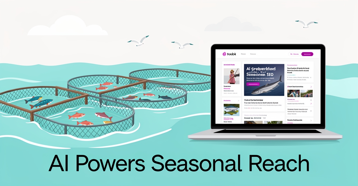 A minimalist flat illustration of a coastal fish farm using AI for seasonal SEO, showing digital content generation and ocean elements in brand colors.