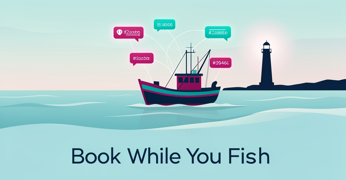Flat illustration of a Nova Scotia fishing boat with AI chat bubbles, symbolizing automated booking inquiries for charters.