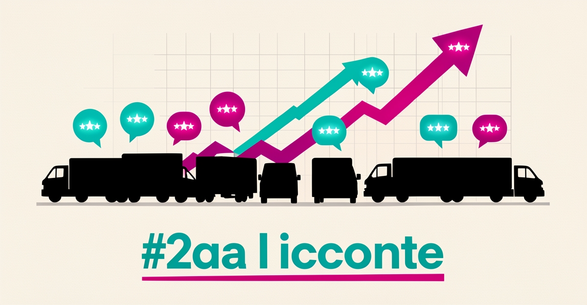 Flat illustration of fleet trucks at a repair bay with star-rating badges and a rising metrics chart in teal and magenta, headline reading Trust Wins Contracts.