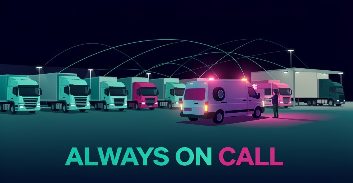 Flat illustration of a mobile tire service van assisting a semi-truck at a nighttime logistics hub with glowing network lines.