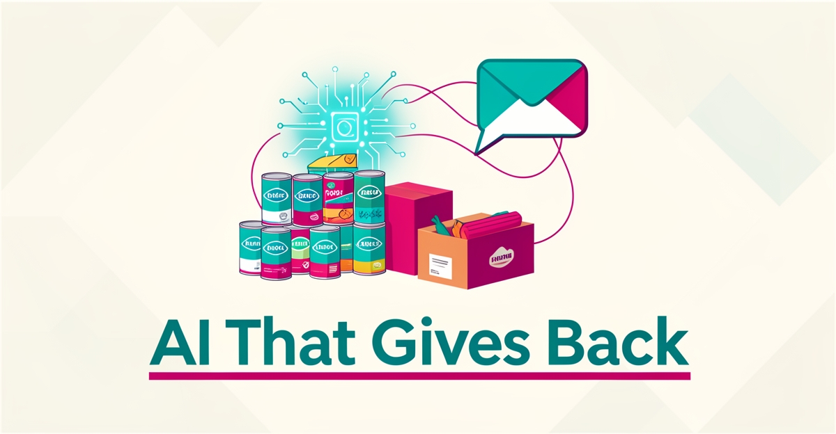 Flat illustration of food bank donations linked to AI communication symbols in teal and magenta, with headline AI That Gives Back.