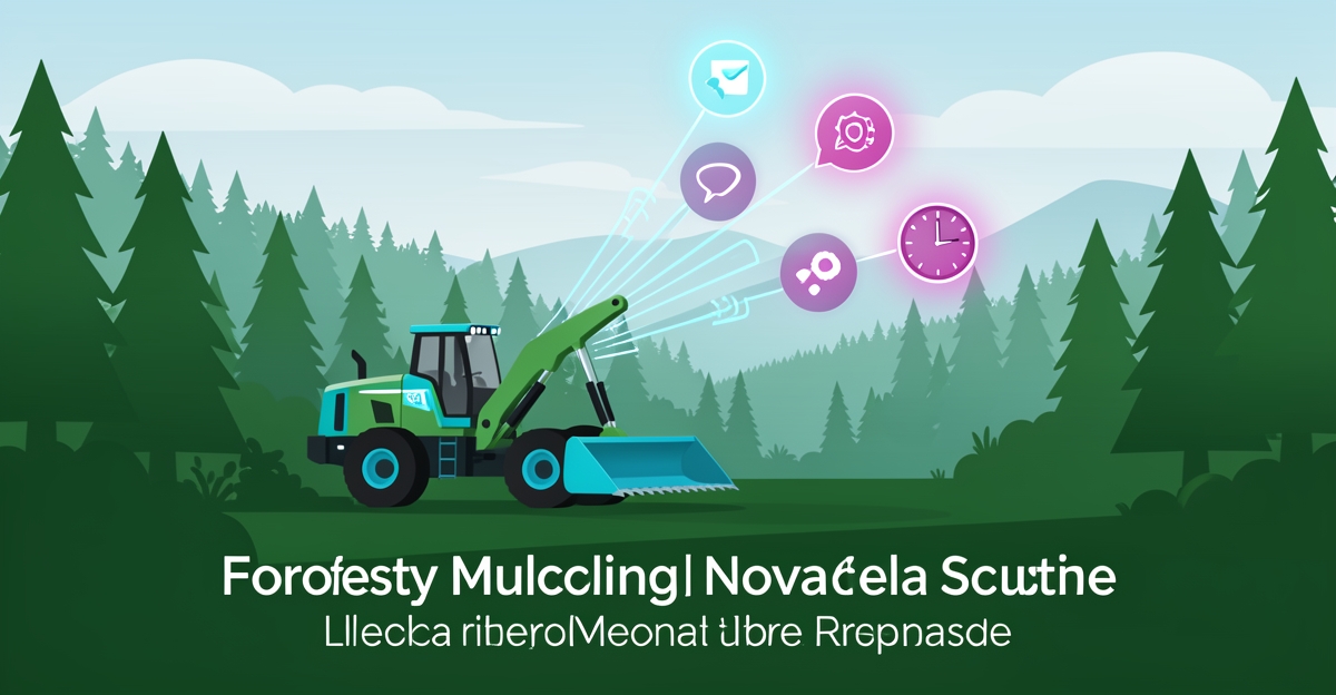 Flat illustration of a forestry mulching machine clearing Nova Scotia woodland with glowing digital lead-capture signals in teal and magenta.