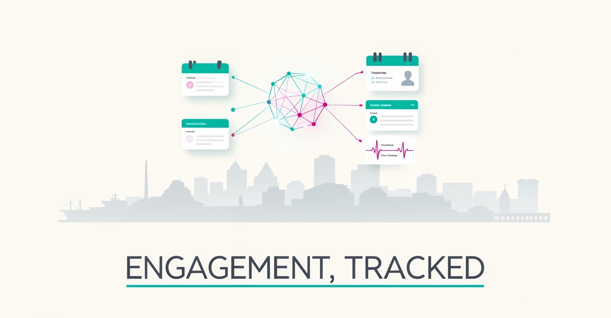 Flat illustration of an AI-powered patient engagement dashboard with teal and magenta accents above a Halifax waterfront silhouette.