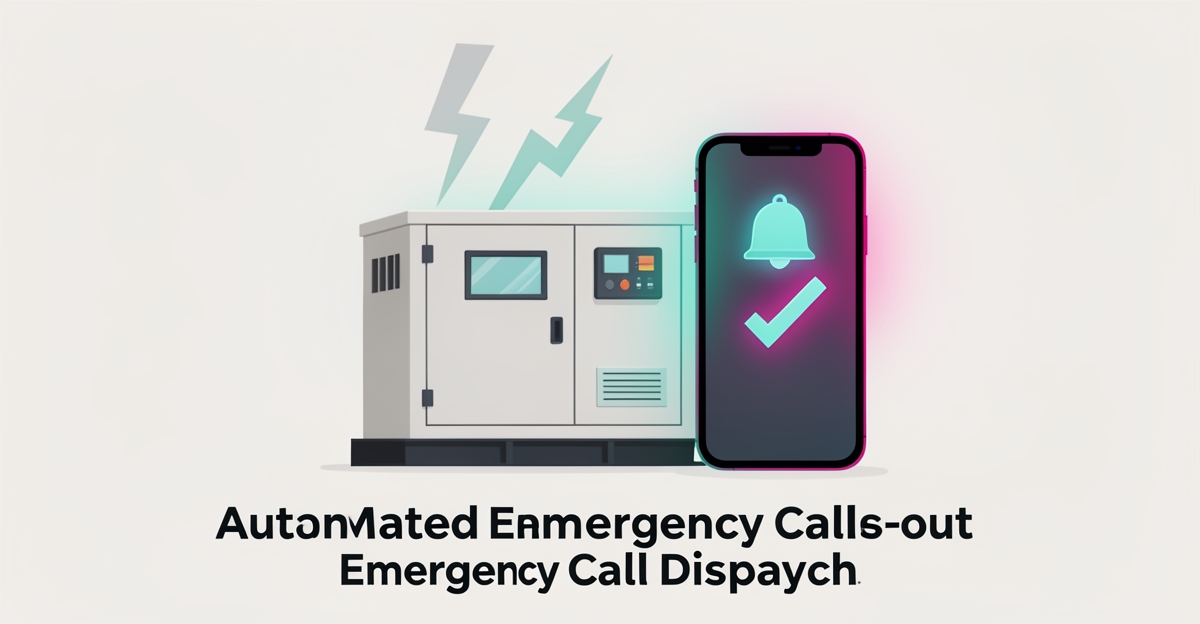Flat illustration of a generator and smartphone with automated alert notifications in teal and magenta brand colors.