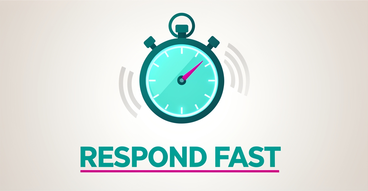 Flat illustration of a teal stopwatch and speed gauge symbolizing fast response times, with a bold 'Respond Fast' headline in the lower third.
