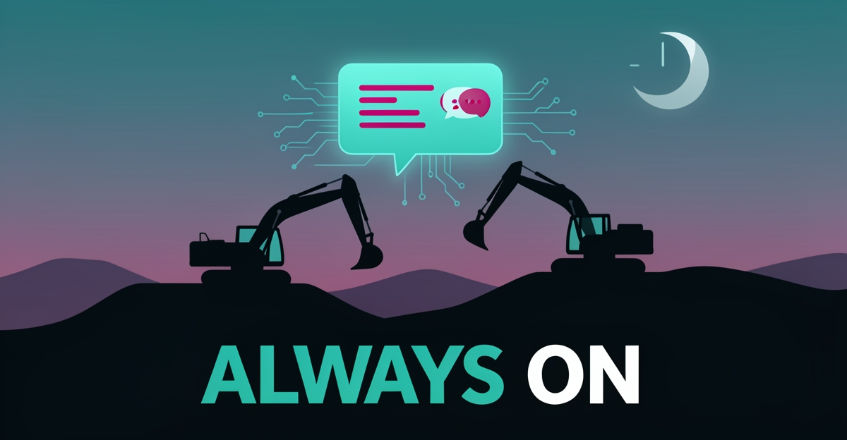 Flat illustration of an excavator on a graded construction site beneath glowing AI chat bubbles, symbolizing 24/7 automated customer service for contractors.