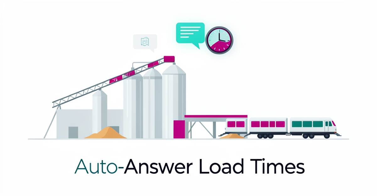 Flat illustration of a grain elevator with AI chat bubble and timer showing automated load time answers.