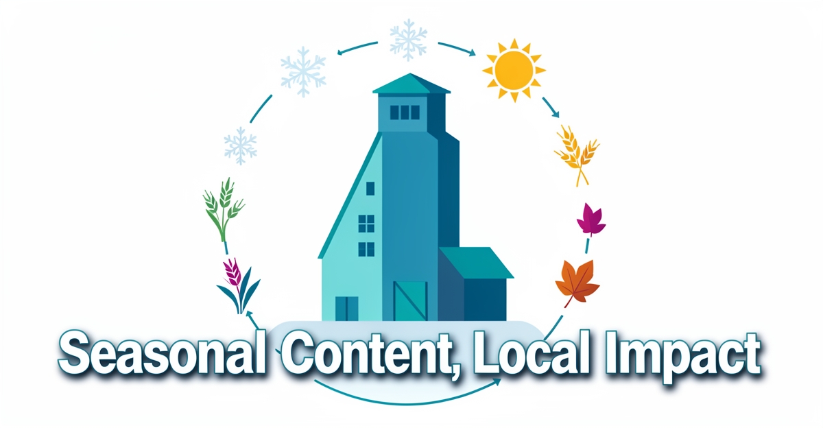 A minimalist flat illustration of a grain elevator surrounded by seasonal icons representing winter, spring, summer, and fall, with a headline overlay promoting localized AI-driven content strategy.